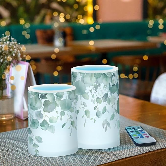 Watercolor Leaf and Flower Pattern Flameless Candles Color Changing LED Candles with Remote Control Battery Candles for Outdoor and Indoor Home and Room Decoration, 3'' x 4''/5'' Set of 2 Pieces