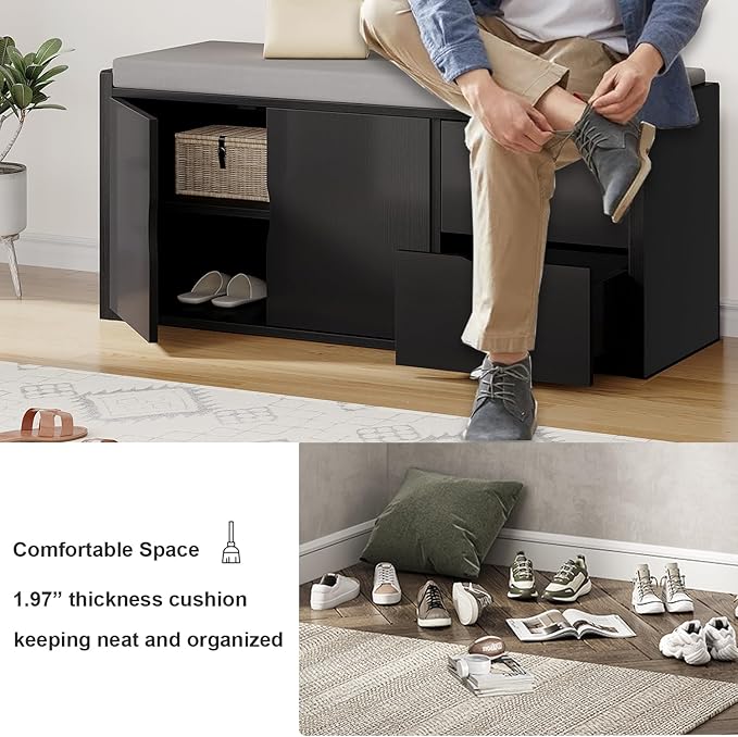 LVB 2-Tier Storage Bench with Padded Seat Cushion, Entryway Bench with 2 Drawers, Removable Barn Doors & Adjustable Shelf, Industrial Shoe Bench for Hallway, Bedroom, Living Room,Black Oak, 40 Inch
