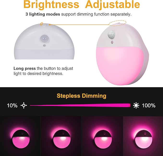 2 Pack Pink Battery Night Light, Motion Activated Night Light, 2.6" Small Sticky Lights, 3 Light Modes, Dimmable Soft Glow for Bedroom, Nursery, Baby, Kids, Sleep, Soothing Fear of The Dark