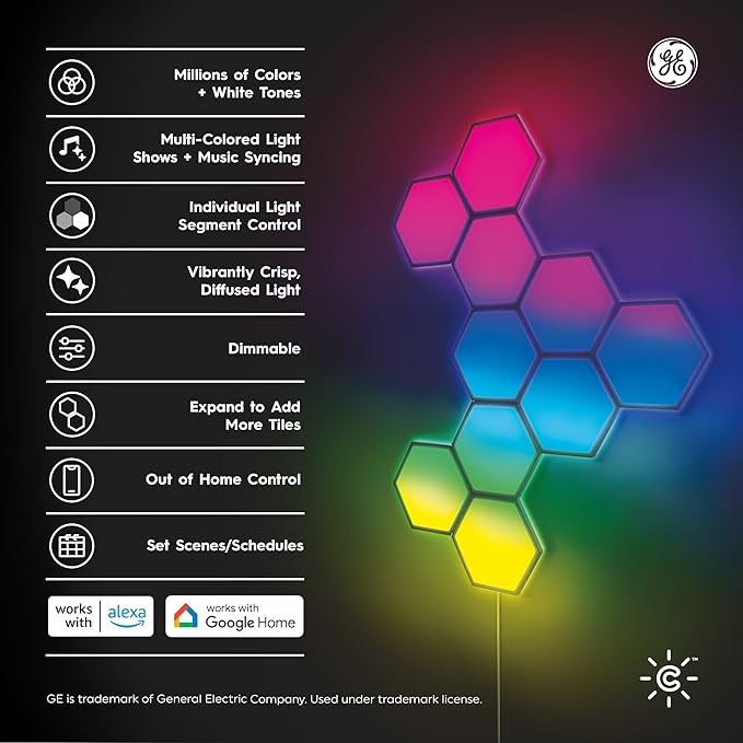 Cync GE Dynamic Effects Indoor Hexagon WiFi Smart LED Color Changing Lights, Wall Light Panels for Room Décor, Gaming Setup, Music Sync LED Wall Art, Works with Alexa and Google, 10 Panels