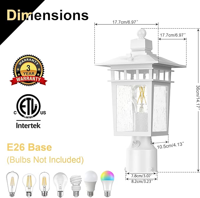 Dusk to Dawn Outdoor Post Lights, Waterproof Lamp Post Light Fixture, Aluminum Lamp Posts Outdoor Lighting Pole Lantern for Outside Yard Patio Pathway Garden Deck, Hard Wired (1 Pack, White)