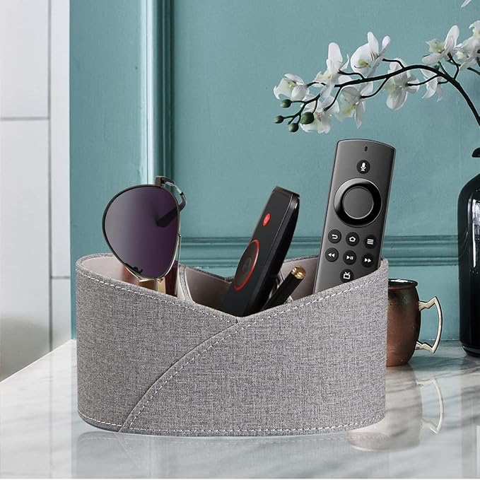 PU Leather Remote Control Holder with 3 Compartments, Modern Design Desk Accessories Workspace Organizer for Office/School/Home, Modern Nightstand Caddy Organizer for Makeup/Vanity/Stationery,Grey