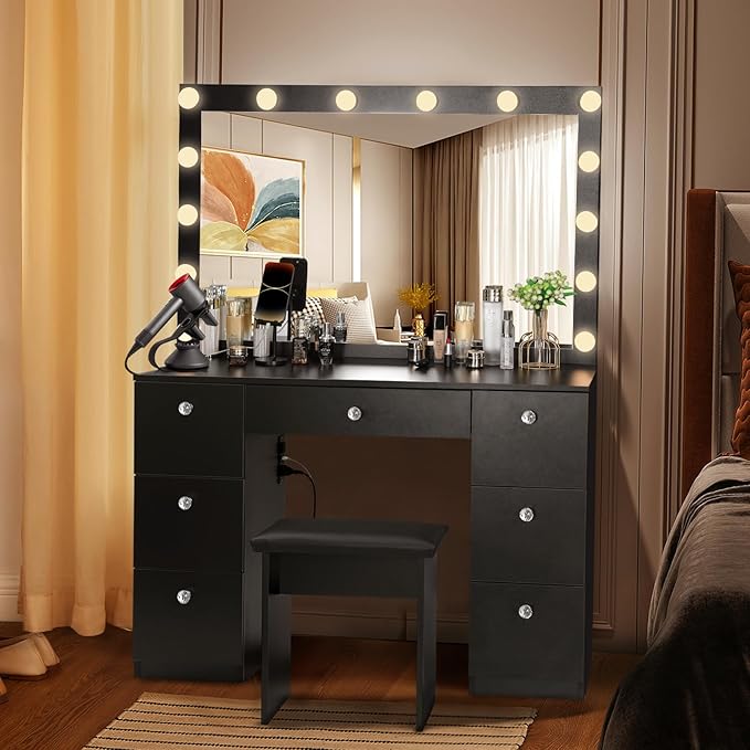 SMOOL Vanity with Lighted Mirror, Makeup Vanity Desk with Power Outlet and LED Bulbs, 3 Color Lighting Modes Adjustable Brightness, 7 Drawers Vanity Table with Cushioned Stool for Bedroom,Black