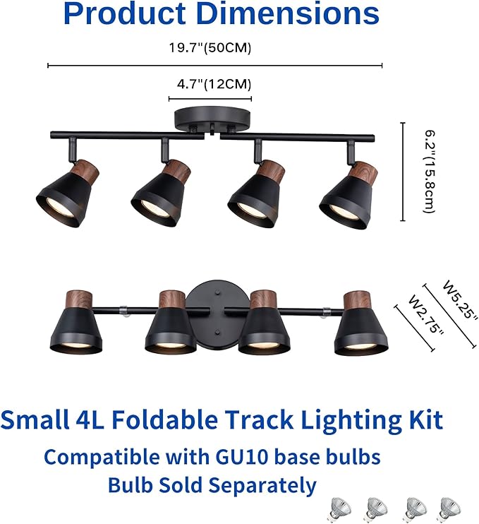 4 Light Modern Track Lighting Kit Black and Faux Wood Finish, Flexibly Adjustable Arm with Multi-Directional Ceiling Spotlight for Kitchen, Bedroom, Living Room,Ding Room Gu10 Not Included