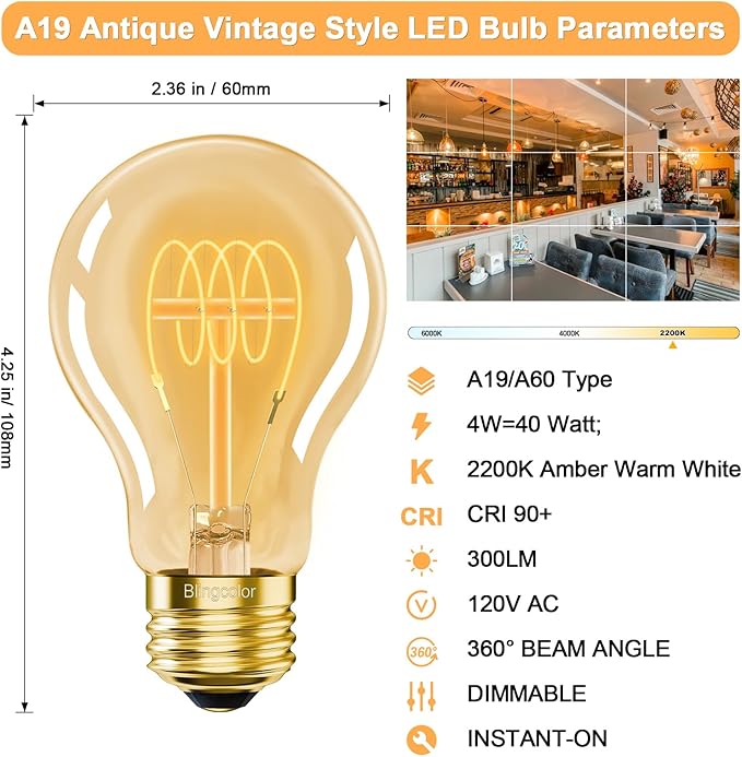 A19 Vintage LED Edison Light Bulbs 40 Watt, 4-Pack Dimmable A19 4W 2200K Amber Warm Light Bulbs, E26 Base, 4W Equal 40 Watt Incandescent Bulbs, Decorative Antique Spiral LED Bulb, 300LM