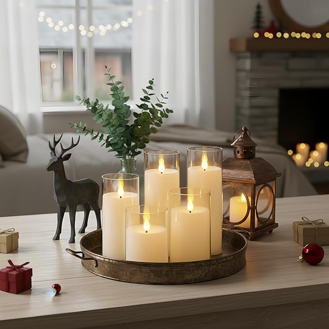 Homemory Ivory White Flickering Flameless Candles, Battery Operated Acrylic LED Pillar Candles with Remote Control and Timer, Set of 5