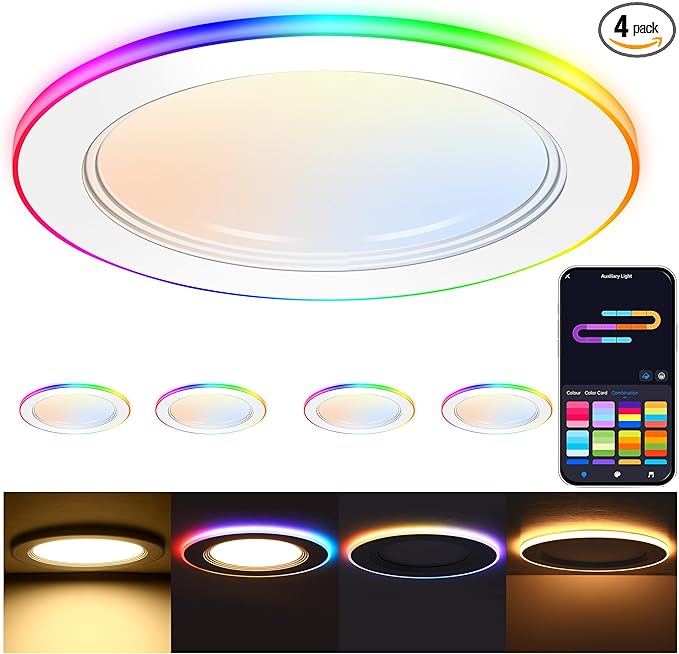 CLOUDY BAY [4 Pack] 6 Inch RGB Smart Recessed Lighting with Gradient Accent Light and Night Light,2700K~6500K,15W Recessed Lights Ultra-Thin Downlight Compatible with Alexa and Google Home Assistant