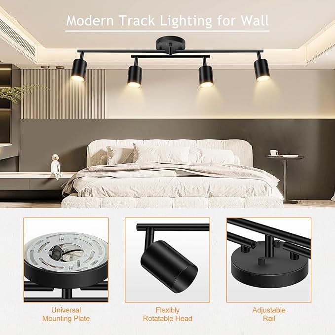 BoostArea 4 Light Track Lighting Kit, Black 4 Way Ceiling Spot Lighting, Center Swivel Track Light Heads, Flexibly Rotatable Light Head for Kitchen, Living Room, Bedroom, GU10 Bulb Not Included