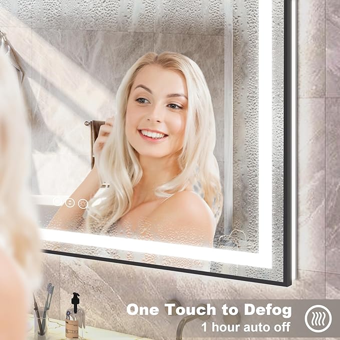 OKPAL 60x28 LED Bathroom Mirror, Black Framed Lighted Bathroom Mirror, Lighted Vanity Mirror with Lights, Dimmable, Anti-Fog, 3 Colors, Memory, Shatterproof, ETL Listed (Front and Backlit)