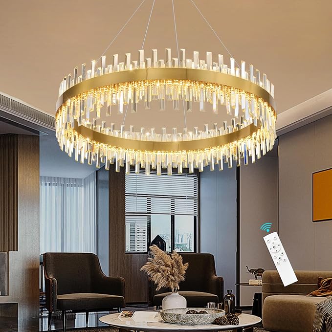 Glam Crystal Chandelier Interior Ring Chandeliers with Remote Dimmable LED Light Adjustable Hanging Lights Luxury Ceiling Pendant Lighting Fixtures for Living Dining Bedroom Foyer Gold Light