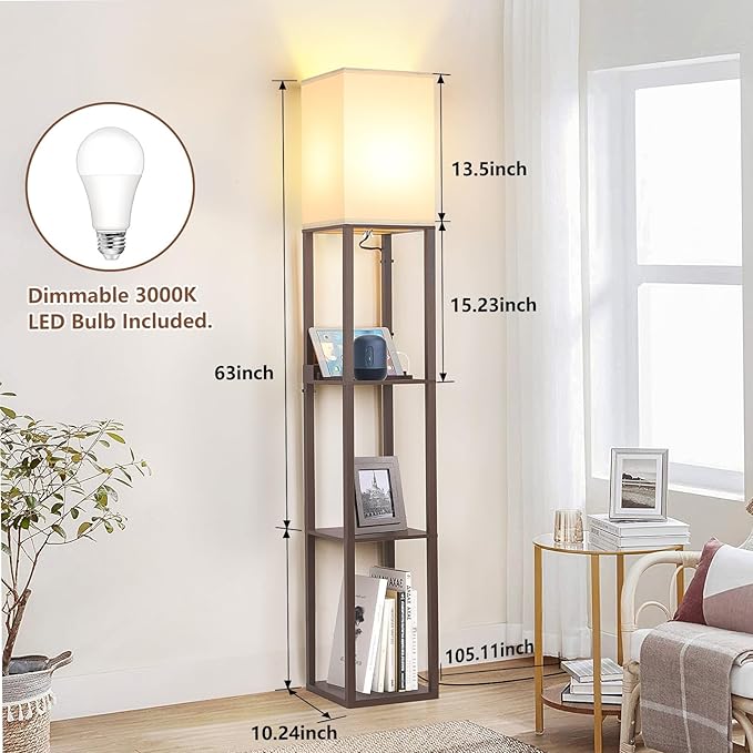 FOLKSMATE Touch Control Shelf LED Floor Lamp with Shelves, Charging USB, Type C Port and Power Outlet, Dimmable Standing Lamp for Living Room, Bedroom