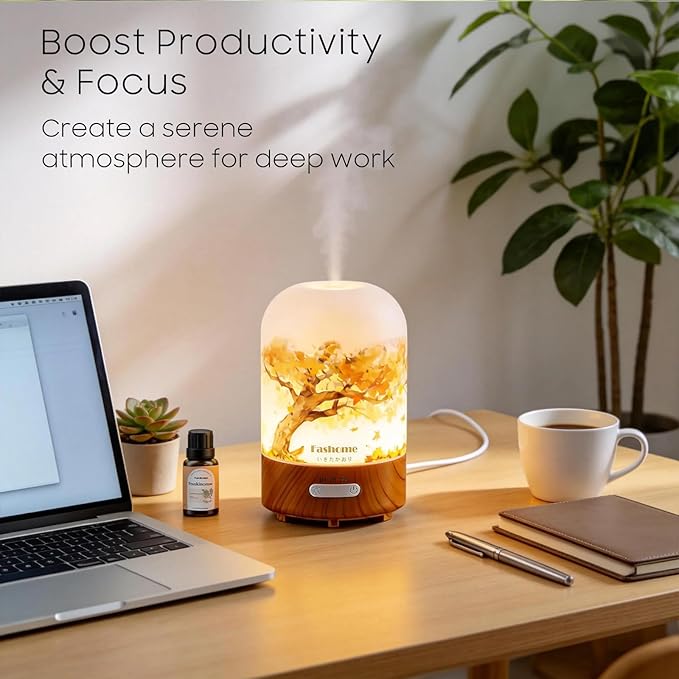 Hand Blown Glass Essential Oil Diffuser, 100ml Small Ultrasonic Aromatherapy Mist Maker for Home, Bedroom, Office, Auto Shut-Off, Cool Mist Humidifier with Warm White Light