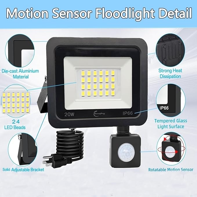 HANNANHONG Motion Sensor Flood Lights with Plug in, PIR Slim Design, 6500K Daylight, Outdoor IP66 Waterproof,Auto ON/Off Intelligent Security,Work Light for Garage Yard Patio Pathway Porch (20W)