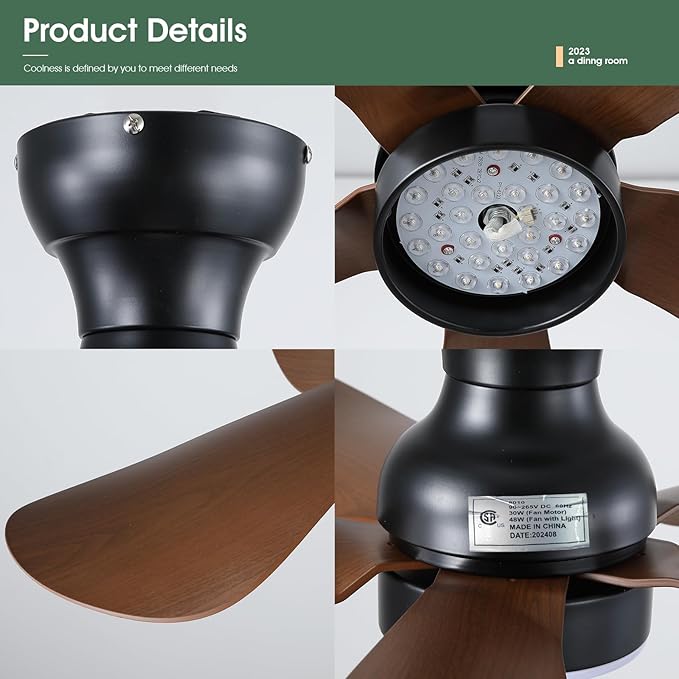 Ceiling Fans with Lights and Remote/APP Control, 30 inch Low Profile Ceiling Fans with 5 Reversible Blades 3 Colors Dimmable 6 Speeds Ceiling Fan for Bedroom Dining Room, Wood Color