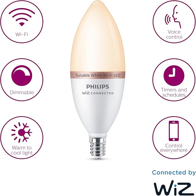 Philips Smart 40W B12 Tunable White Smart Candle-shape 4-Pack, E12, Dimmable, Indoor, Connect to Wi-Fi, Control Voice or App - Powered by WiZ Connected