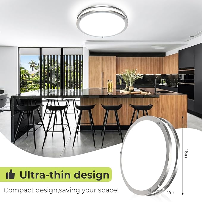 hepside Flush Mount LED Ceiling Light with Remote, Dimmable& 3000K-6500K Adjustable Ceiling Light Fixture, Timer, Night light, 16 inch Brushed Nickel Ceiling Lamps for Kitchen Bathroom Bedroom Hallway