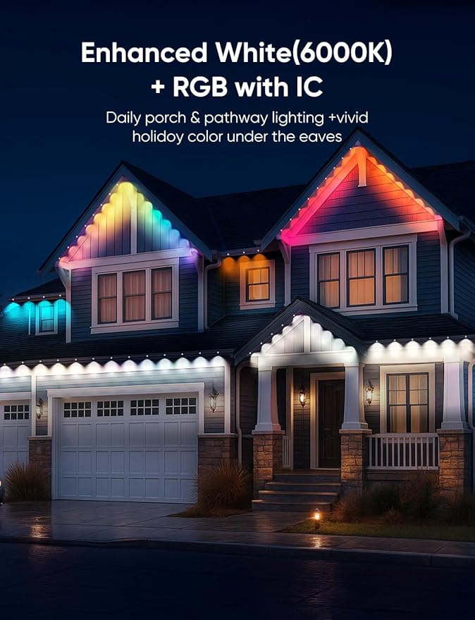 Smart Permanent Outdoor Lights, RGB with IC + Warm White 2700K, Under-Eave Lighting, Wi-Fi/Voice/Remote Control, 100ft/72 LEDs/IP67 Light / IP65 Controller, 111+ Scenes/Music Sync, Alexa/Google