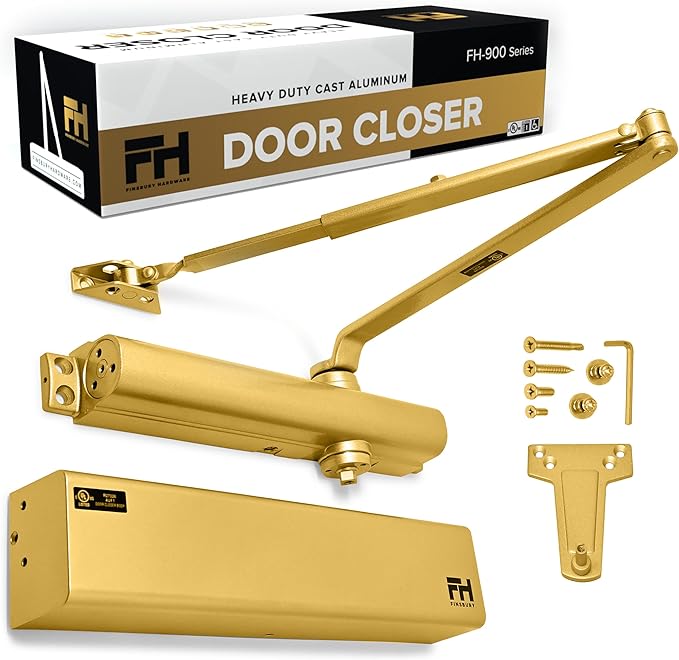Commercial Door Closer Automatic Heavy Duty High Traffic Adjustable ANSI/BHMA Grade 1 Standard, UL Listed ADA Compliant Hydraulic Backcheck Delayed Action Latch Speed 1-6 Power (1, Matte Gold)