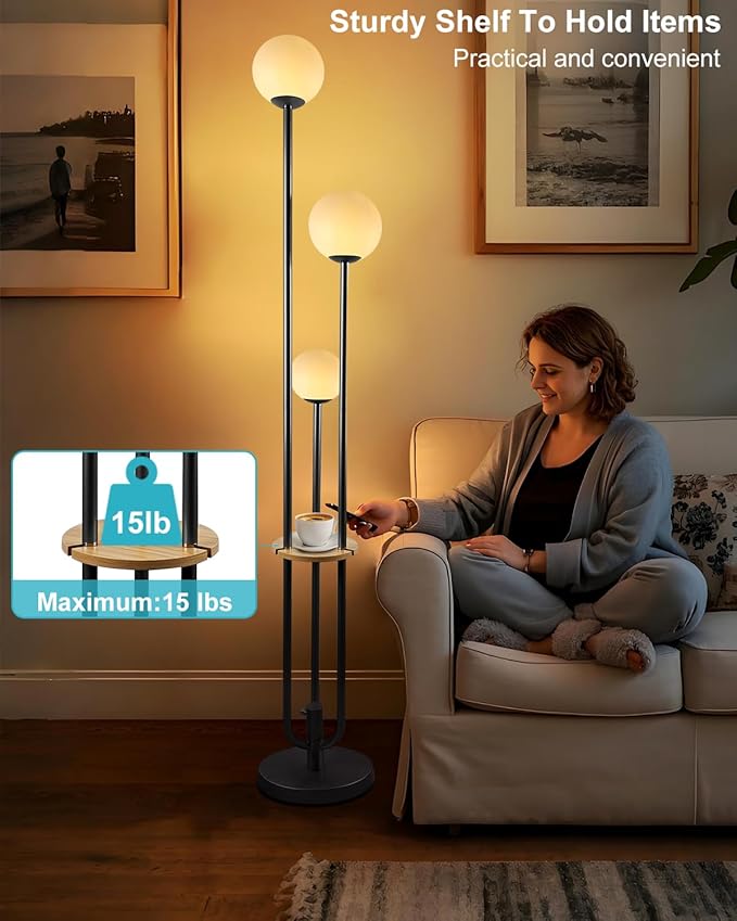 Lightdot LED Floor Lamp Dimmable Globe Floor Lamps with Shelf Mid Century Modern Black Standing Lamp Candle Holder Style Soft Eye-Caring for Bedroom Living Room/Bedroom/Sofa Beside/Corner Decor