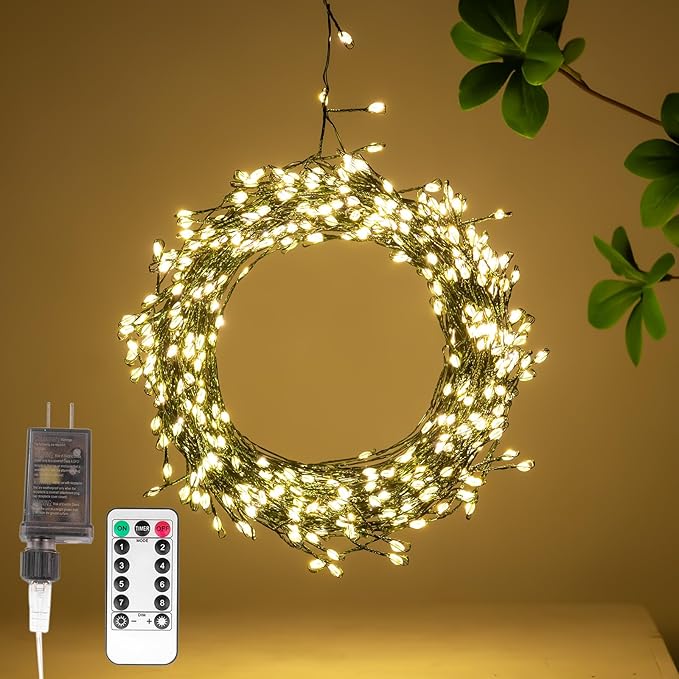 Firecracker Fairy Lights,100FT 1000Leds Waterproof Twinkle Lights Plug in,8 Modes Remote String Light for Indoor Outdoor Christmas Wedding Birthday Patio Garden Decor,Green Wire,Warm White