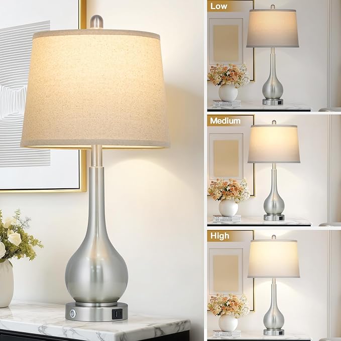 26" Silver Metal Table Lamps Set of 2 for Bedrooms, Touch Control Bedside Lamps for Nightstand with Charging Port, 3-Way Dimmable End Table Lamp for Living Room (2 LED Bulbs Included)