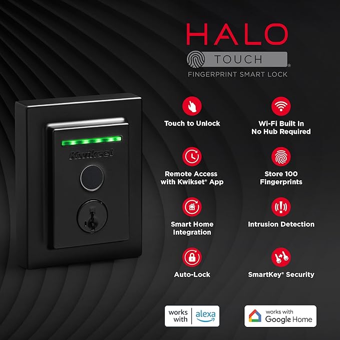 Kwikset Halo Touch Fingerprint Wi-Fi Smart Lock, Keyless Entry Door Deadbolt, Geofence Auto-Unlock, Grade AAA Certified, No Hub Required Easy Install, Matte Black Lifetime Finish Warranty