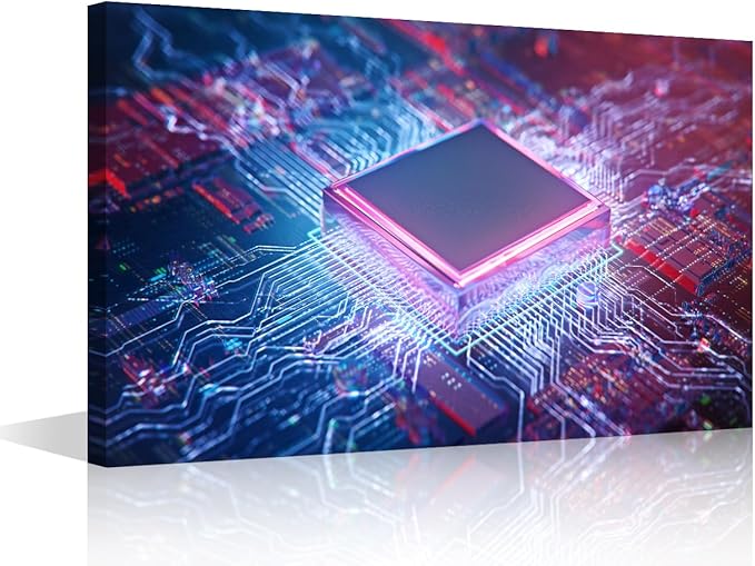 TUMOVO AI Wall Art Decor Painting on Canvas Circuit Board Pictures for Home Walls CPU Concept Office Wall Art Digital Age Framed Modern Artwork for Living Room Bedroom, 24x16in