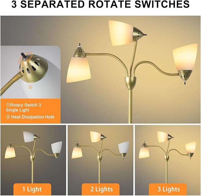 DINGLILIGHTING Floor Lamp Gold for Room: 3-Light Adjustable Flexible Gooseneck Tree Standing Lamp for Bedroom Study Room Office - Modern Multi Head Reading Floor Lights