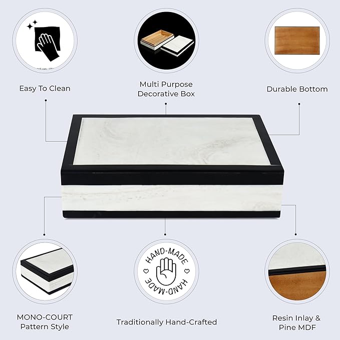 Handicrafts Home Small Decorative Storage Box with Lid – Black White Keepsake Box, Trinket & Jewelry Storage Organizer for Desk, Shelf & Coffee Table Decor – Mono Court 8 x 5 x 2