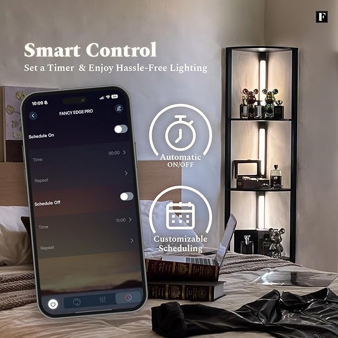 FENLO Dimmable LED Corner Floor Lamp with Shelves, Corner Shelf Floor Lamps for Living Room, LED Corner Display Shelf with Lights and Adjustable Color Temps, App/Remote Control - Fancy Edge Pro