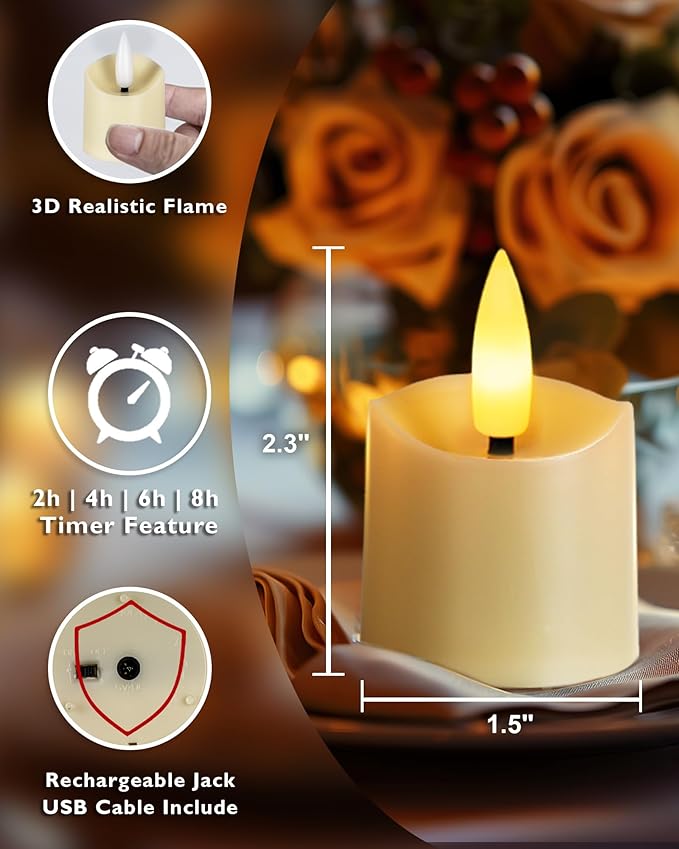 Homemory Rechargeable Flameless Candles, 2/4/6/8H Timer LED Votive Candles, 12 PCS Battery Operated Tea Lights with Timer for Table, Wedding, Christmas (USB Charging Cable Included)