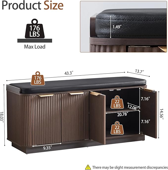 43.3''W Fluted Entryway Shoe Storage Bench with 4 Doors and Adjustable Shelf, 2-Tier Entry Bench Seat with Shoe Storage and Cushion, Shoe Cabinet Bench for End of Bed, Foyer - Espresso