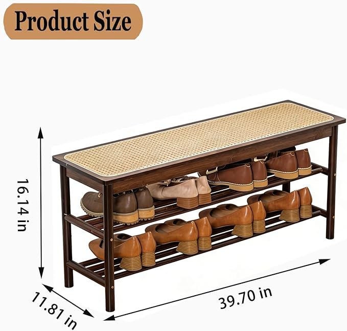 latifolia Shoe Rack Bench, 3-Tier Bamboo Shoe Bench with Breathable Rattan Seat Cushion, Shoe Storage Rack for Entryway(Walnut,39.70''L)