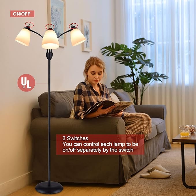 DINGLILIGHTING DLLT Modern Reading Floor Lamp, 3-Light with Adjustable Flexible Gooseneck Tree Standing Lamp for Living Room, Bedroom, Study Room, Office -Black Metal White Shades, E26 Base