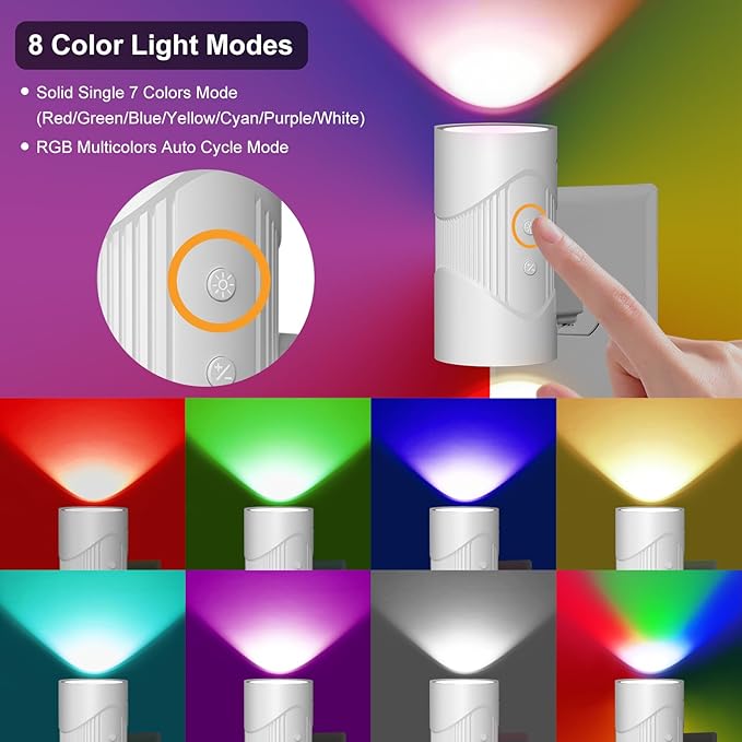 easuntec Night Light, Night Lights Plug into Wall, Color Changing Night Light, Dusk to Dawn Sensor, 8 Light Modes, Dimmable RGB Night Lights for Bedroom Bathroom Hallway Kitchen Stairs (RGB,2 Pack)