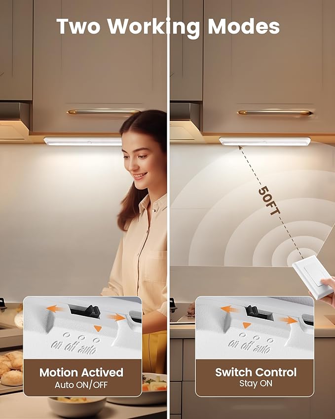 SURAIELEC Rechargeable Under Cabinet Light with Wall Switch, 3500mAh Under Counter Lighting, Wall Switch Remote or Motion Sensor, 6500K 150LM, Magnetic Led Light Bar for Kitchen, Closet, Shelf,1-Pack