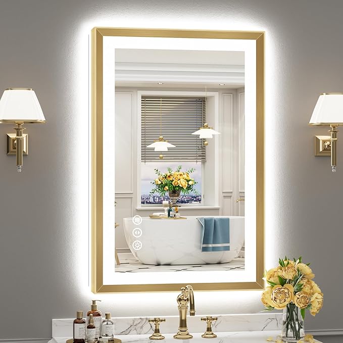 24x36 Gold Beveled LED Bathroom Mirror with Lights, Brushed Gold Framed Backlit and Front Lit Anti-Fog Lighted Vanity Mirrors for Bathroom Wall, Dimmable, 3 Colors, Memory, HD Tempered Glass