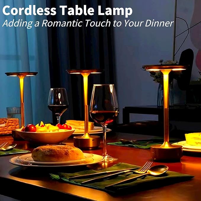 Cordless LED Table Lamp, Rechargeable Touch Control Desk Lamp Battery Operated Nightstand Night Light with Dimmable Brightness for Living Room, Home Office, Restaurant (Gold)