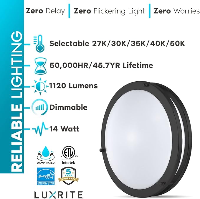 LUXRITE 12 Inch LED Flush Mount Ceiling Light, 5 Color Selectable 2700K | 3000K | 3500K | 4000K | 5000K, Dimmable, Modern Ceiling Light Fixture, 14W, 1120 Lumens, Energy Star, ETL Listed, Matte Black