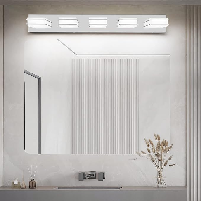 3 Color Temperature Dimmable Vanity Lighting Fixtures, LED Chrome 5 Light Bathroom Vanity Light, Acrylic Stainless Steel Square Shade Vanity Lights for Bathroom, ETL Certificated