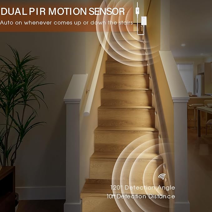 Upgraded Smart Stair Lights Motion Sensor Indoor, Plug-in Stairway Lights Indoor Hallway Baseboard Lighting with Cascading Effect, Dimmable, 3000K-6000K (16 Stairs)