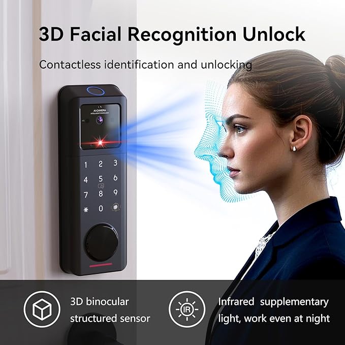 3D Face Recognition Smart Lock with Camera, Palm Vein, Fingerprint & Keypad Access, Keyless Entry Biometric Deadbolt for Front Door, Video Doorbell, 2-Way Audio, Night Vision, Tuya App, Alexa