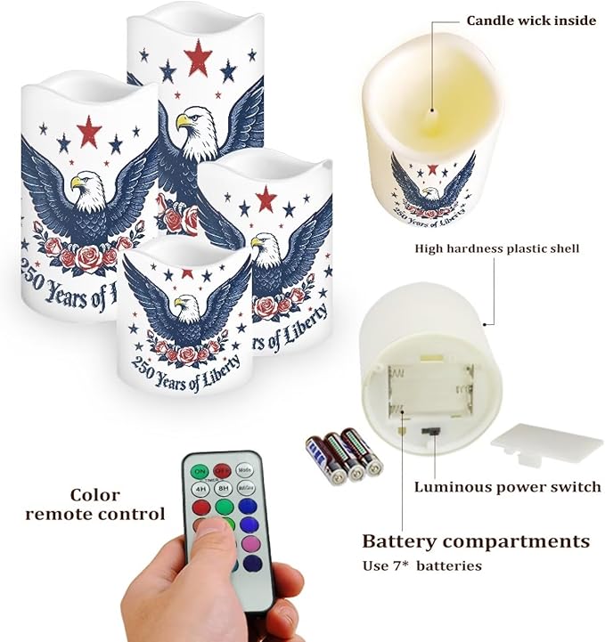 American Flag Flameless Candles 250th Anniversary Bald Eagle LED Battery Operated Remote Control Fourth of July Flickering Patriotic Decor for Independence Day Home Outdoor, 4 Pack