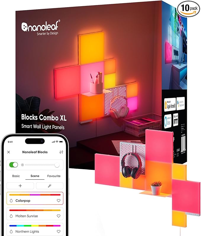 Nanoleaf Blocks LED Lights, Smart Light Panels Square WiFi LED Wall Lights with Music Sync, Wall Decor Lights Smart Kit Compatible with Alexa, RGBW, Light Panels for Gaming Room (9 Panels + 1 Shelf)