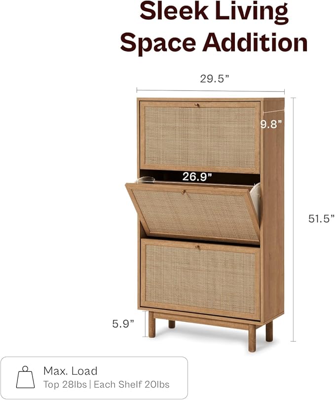 mopio Hannah Shoe Cabinet, Natural Rattan Farmhouse Shoe Storage Organizer, 3 Door Closet Rack for Entryway, Spacious Hallway Storage Cabinet with Doors & Shelves, Sturdy Solid Wood Legs (Riviera Oak)
