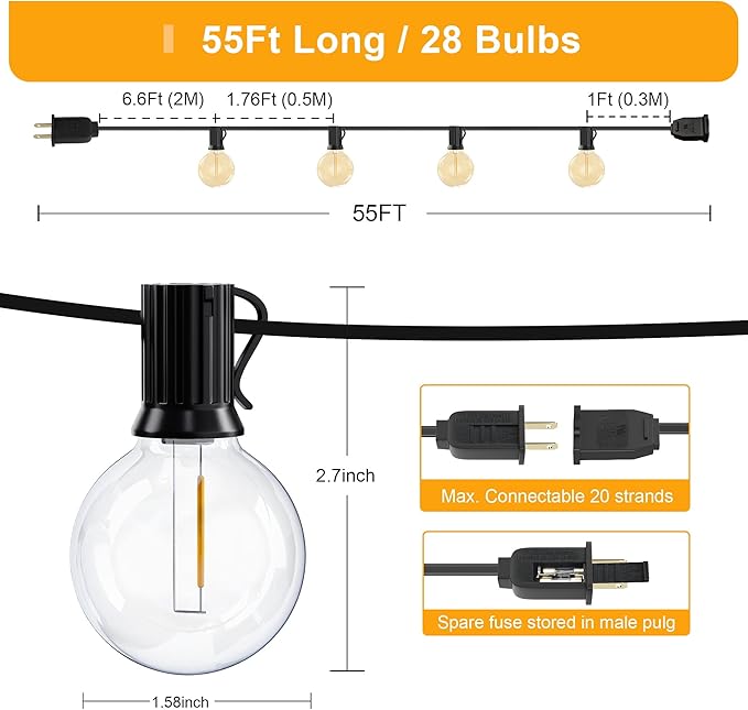 OHLUX Outdoor String Lights, 55FT Shatterproof LED Patio Lights with 26 Dimmable Plastic G40 Bulbs, 2200K Waterproof Connectable Hanging String for Backyard Cafe Porch Deck E12 Base