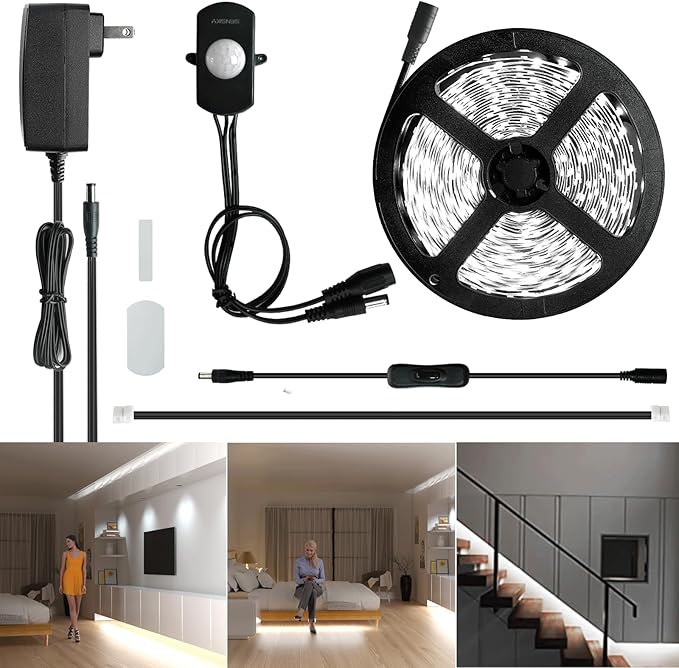 Sensky Dimmable Motion Sensor LED Strip Light Under Cabinet Lighting Kit, LED Strip Light with Motion Sensor, FCC Listed Power Adapter for Gun Safe Light,Shelf, TV Wall Lighting (8.2FT,6000K-6500K)