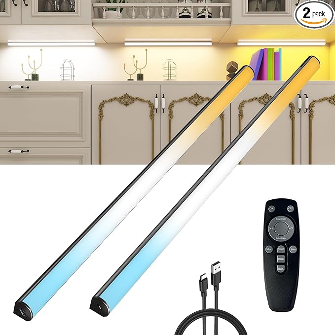 Under Cabinet Lighting Wireless with Remote,Rechargeable Battery Operated Closet Lights,3 Color Magnetic Dimmable led Strip Lights,Under Counter Lights for Kitchen,Shelf,Bedroom (Black-2PCS, 60cm)