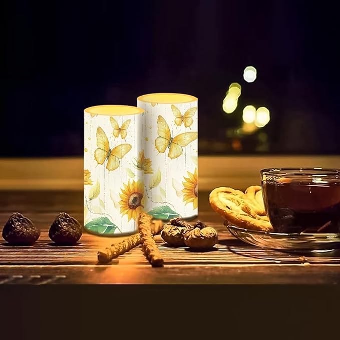 Butterfly Sunflower Flameless Candles 2 Pack 6 x 3 inch Battery Operated Candles with Multicolor Timer Remote Control LED Fake Candles for Warm Light Dinner Table Home Decor