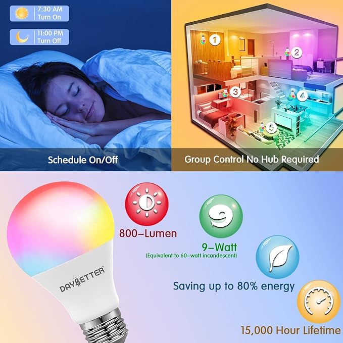 DAYBETTER Smart Light Bulbs, RGBCW WiFi Color Changing Led Bulb, Smart Bulb That Compatible with Alexa & Google Assistant, A19 E26 9W 800LM Multicolor Led Ceiling Fan Light, 20 Pack